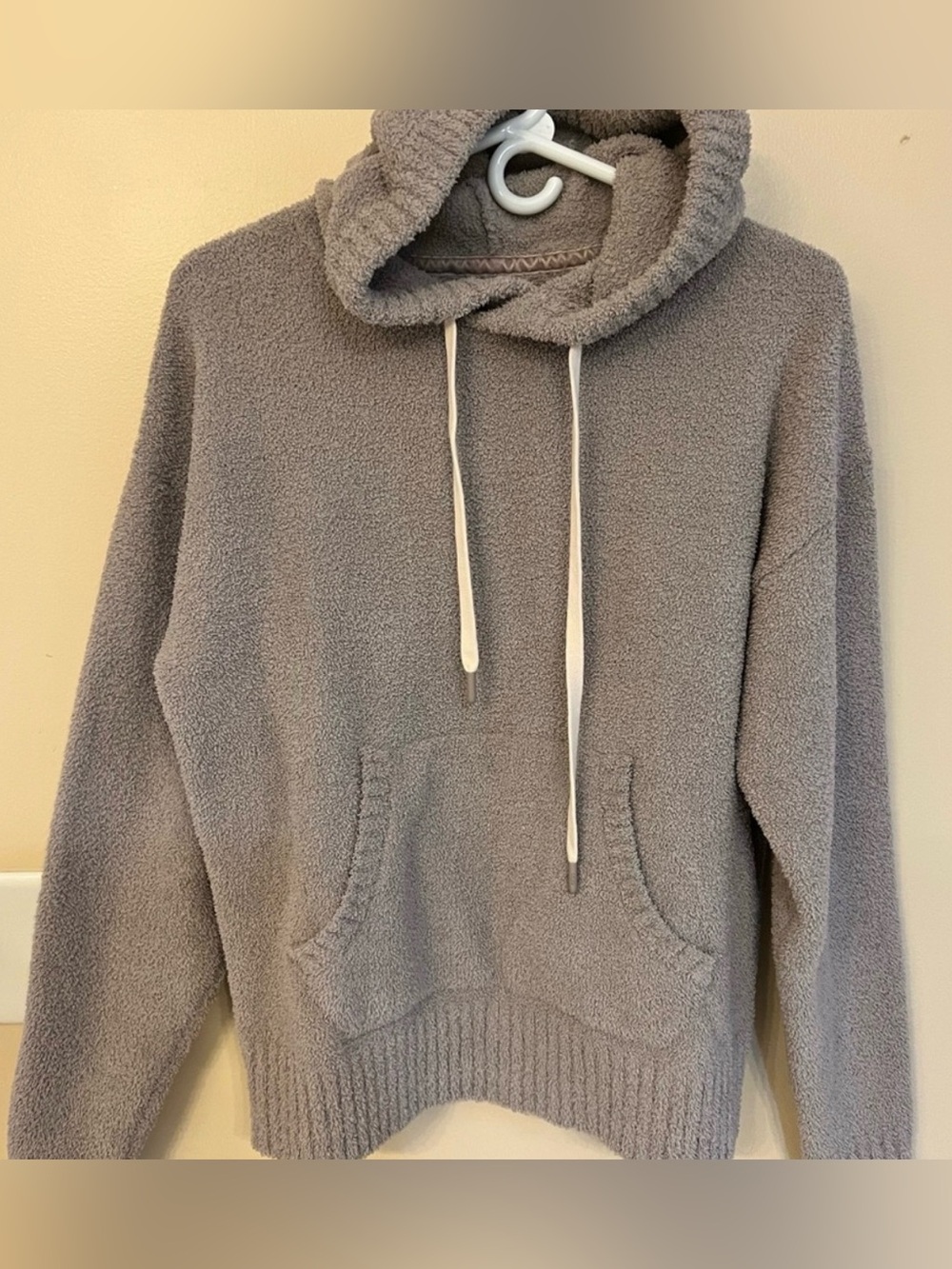 UGG Australia Asala Fuzzy Hooded plush sweater with Sunburst Logo- Light Taupe